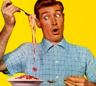 vintage illustration man eating spaghetti stain on clothing